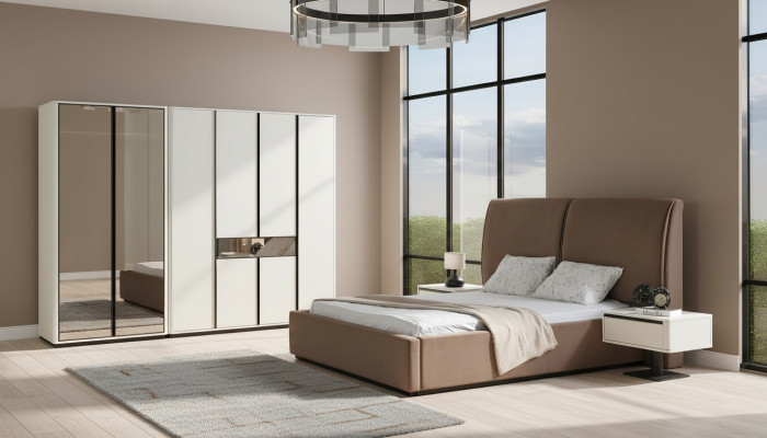 Bedroom set double bed bed nightstands 4-piece beige wardrobe