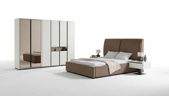 Bedroom set double bed bed nightstands 4-piece beige wardrobe