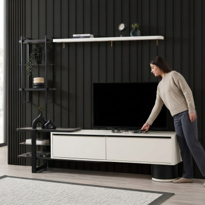 Living room RTV sideboard TV stand cabinet wood white shelves wall unit