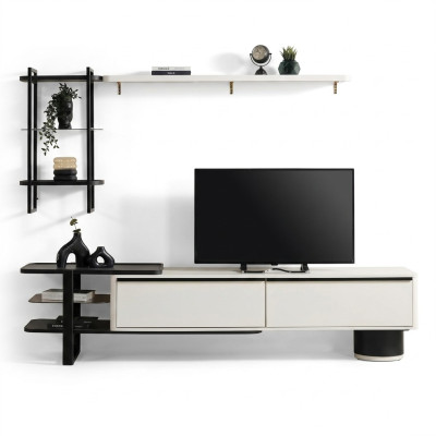 Living room RTV sideboard TV stand cabinet wood white shelves wall unit