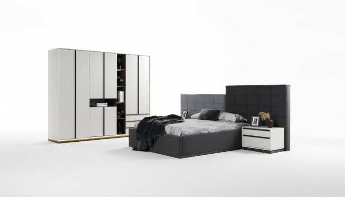 Set double bed bedroom bed nightstands 4-piece grey wardrobe