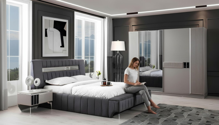 Bedroom set double bed bed nightstands 4-piece gray wardrobe