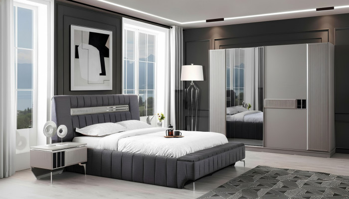 Bedroom set double bed bed nightstands 4-piece gray wardrobe