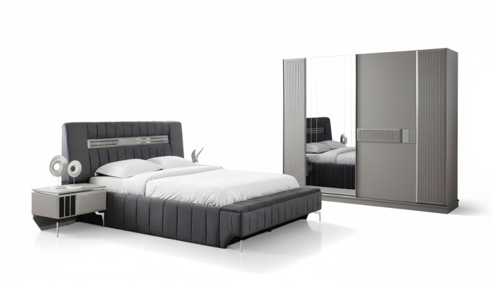 Bedroom set double bed bed nightstands 4-piece gray wardrobe
