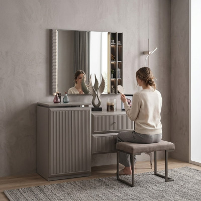 Dressing table, vanity table, console table, mirror, wood, gray, bedroom