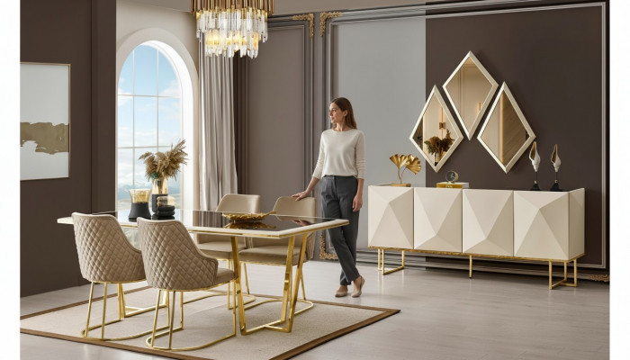 Luxury Dining Area Dining Group Dining Table Chairs Beige Set 11-piece Dining Room