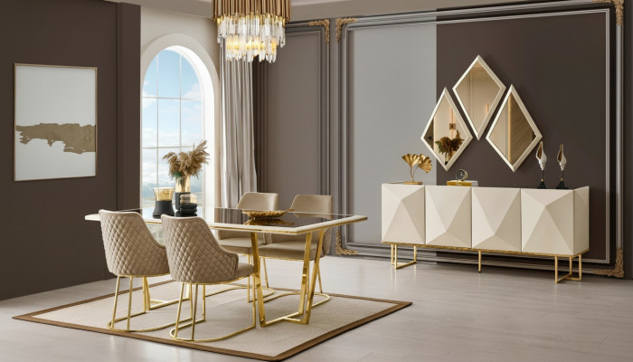 Luxury Dining Area Dining Group Dining Table Chairs Beige Set 11-piece Dining Room