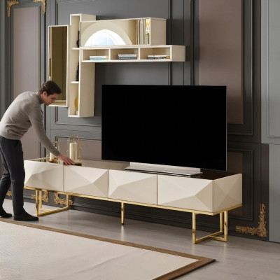 Sideboard RTV Lowboard Living Room Wall TV Stand Cupboard Wood Beige Shelves