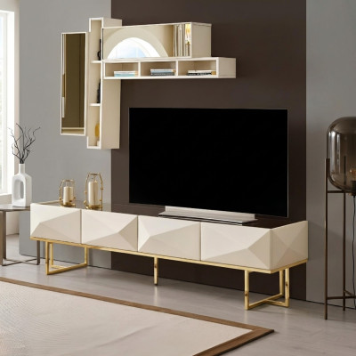 Sideboard RTV Lowboard Living Room Wall TV Stand Cupboard Wood Beige Shelves