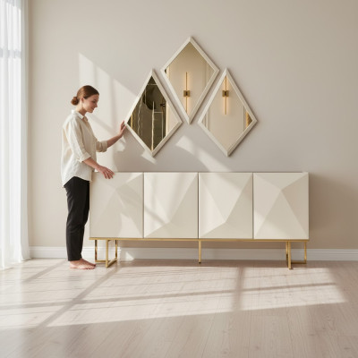 Suit Sideboard with Mirror Cabinet Sideboard Beige Dresser Wood Set