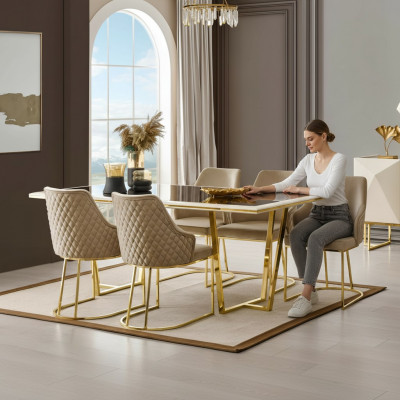 Modern dining group luxury dining corner dining table dining table chairs 7-piece beige gold set