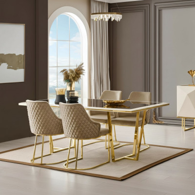 Modern dining group luxury dining corner dining table dining table chairs 7-piece beige gold set
