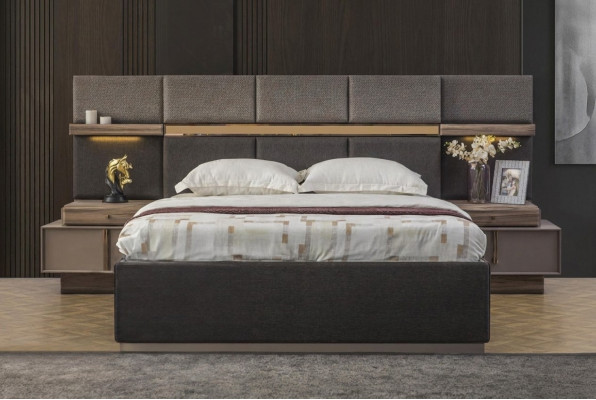 Complete Bedroom Double Bed Set 3-piece Bed Nightstands Gray Fabric