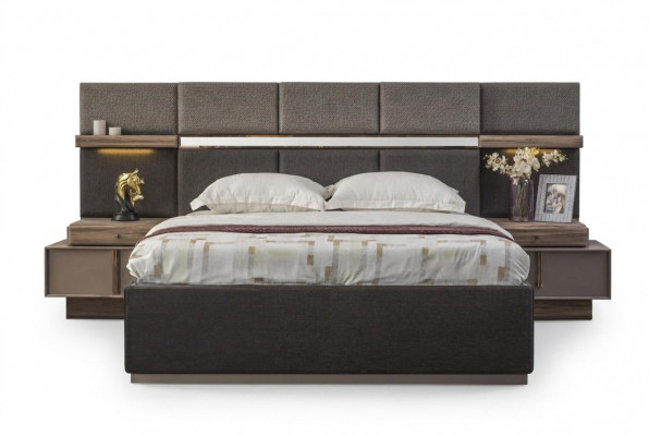 Complete Bedroom Double Bed Set 3-piece Bed Nightstands Gray Fabric