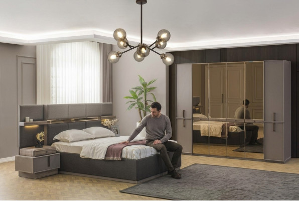 Bedroom set double bed bed nightstands wardrobe 4-piece grey