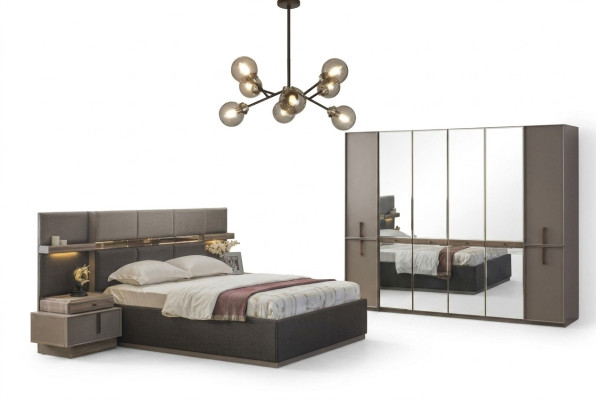 Bedroom set double bed bed nightstands wardrobe 4-piece grey