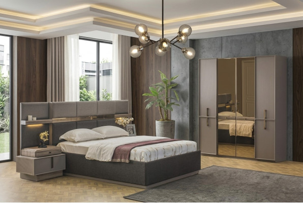 Double Bed Complete Bedroom Set 4-Piece Gray Nightstands Wardrobe