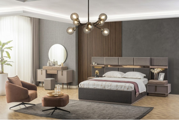 Bedroom complete double bed bedside tables console 6-piece set gray