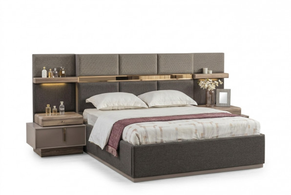 Bedroom complete double bed bedside tables console 6-piece set gray