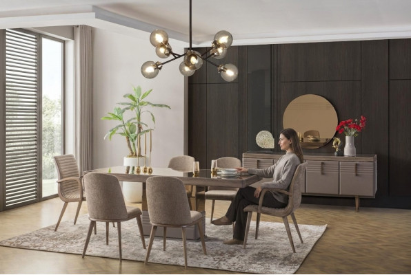 Luxury Dining Area Dining Room Dining Table Dining Set Chairs Gray Wood Set 9-piece