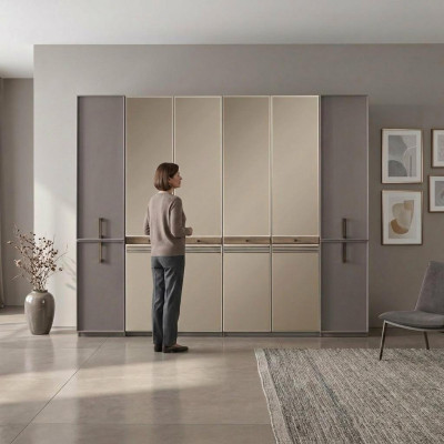 Modern wardrobe, closet, wooden wardrobe, wood, gray bedroom wardrobe.