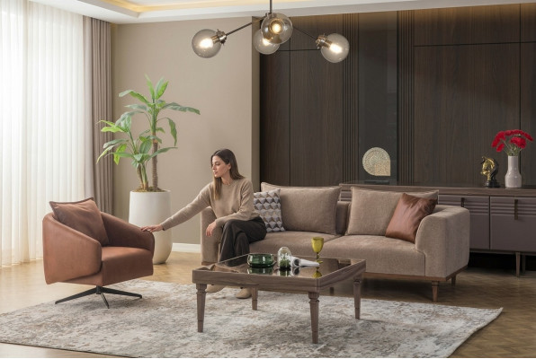 Sofa set three-seater armchair upholstered sofa modern fabric sofa brown set
