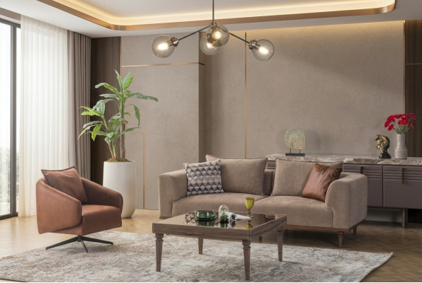 Sofa set three-seater armchair upholstered sofa modern fabric sofa brown set