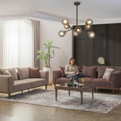 Four-seater sofa set, three-seater, brown fabric sofa, upholstered sofa, couch