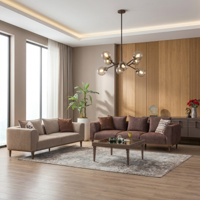 Four-seater sofa set, three-seater, brown fabric sofa, upholstered sofa, couch