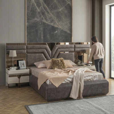 Bedroom set double bed bed nightstands set 3-piece gray modern