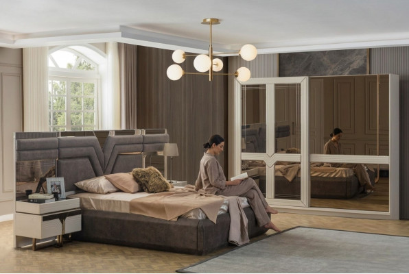 Bedroom set double bed bed nightstands 4-piece gray wardrobe