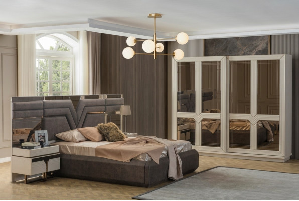Bedroom set double bed bed nightstands 4-piece gray wardrobe