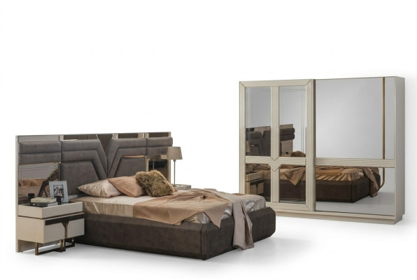 Bedroom set double bed bed nightstands 4-piece gray wardrobe