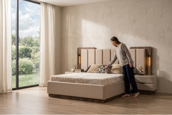 Complete bedroom double bed bed nightstands beige fabric 3-piece set