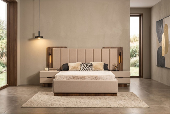 Complete bedroom double bed bed nightstands beige fabric 3-piece set