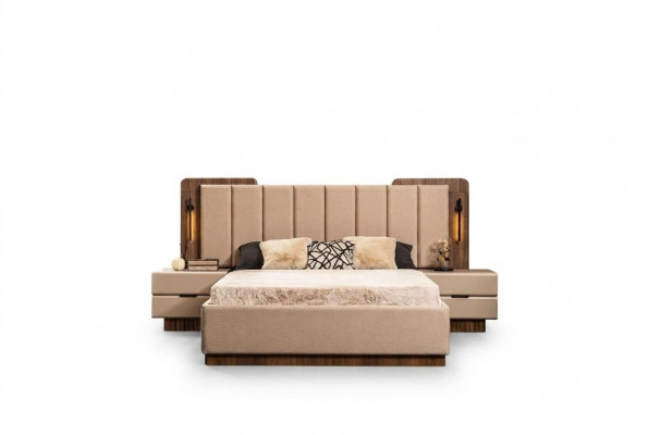 Complete bedroom double bed bed nightstands beige fabric 3-piece set