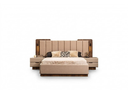 Complete bedroom double bed bed nightstands beige fabric 3-piece set