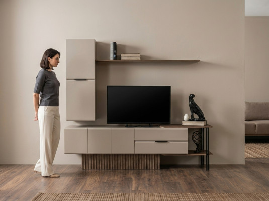 Wall-mounted TV stand wall cabinet RTV lowboard beige wood shelves