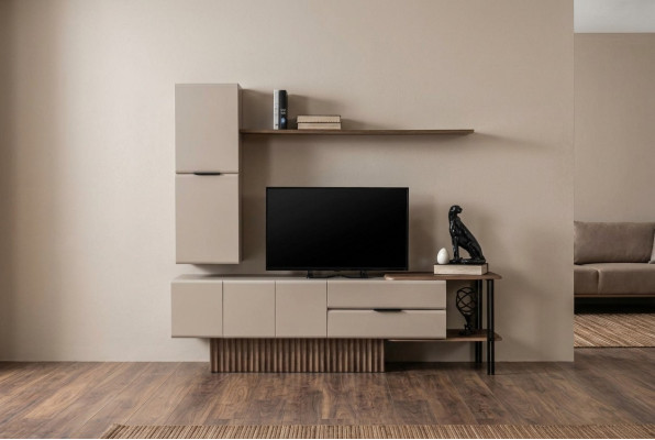 Wall-mounted TV stand wall cabinet RTV lowboard beige wood shelves