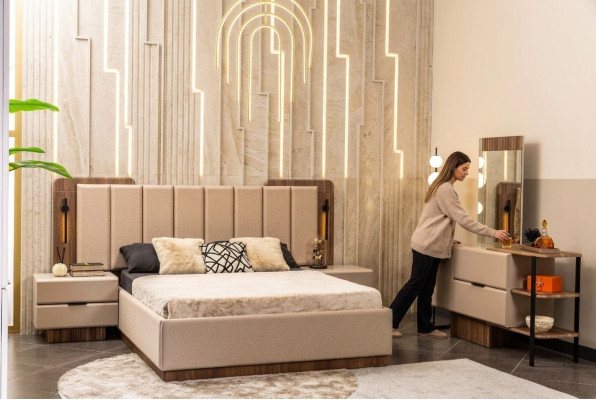 Bedroom set double bed nightstands beige fabric 4-piece dressing