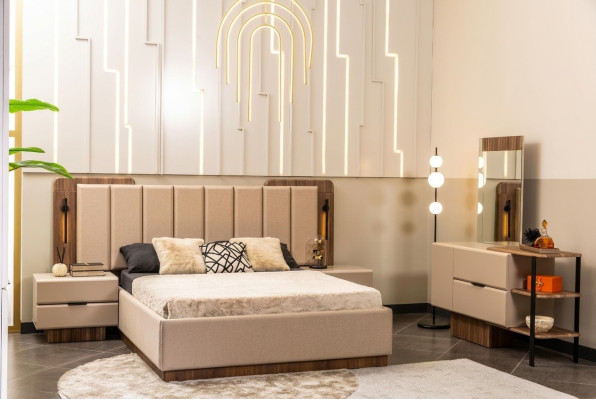 Bedroom set double bed nightstands beige fabric 4-piece dressing