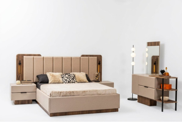 Bedroom set double bed nightstands beige fabric 4-piece dressing