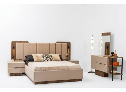 Bedroom set double bed nightstands beige fabric 4-piece dressing