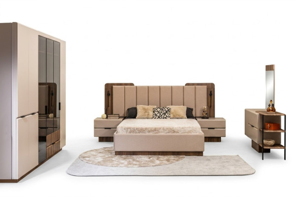 Double Bed Set Nightstands Beige Fabric 5-Piece Vanity Wardrobe Bed