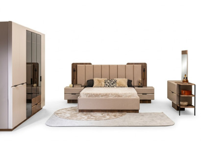 Double Bed Set Nightstands Beige Fabric 5-Piece Vanity Wardrobe Bed