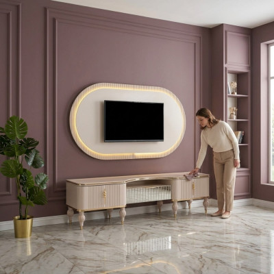 Modern beige wall unit set designer RTV lowboard wall panel 2-piece