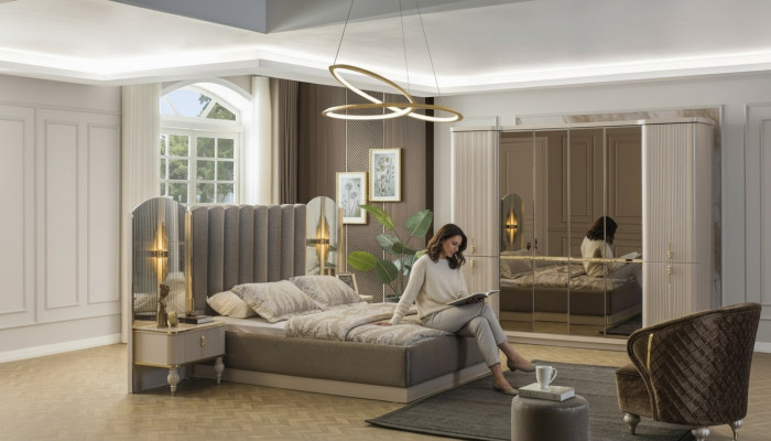 Luxurious bedroom designer double bed wardrobe bedside tables