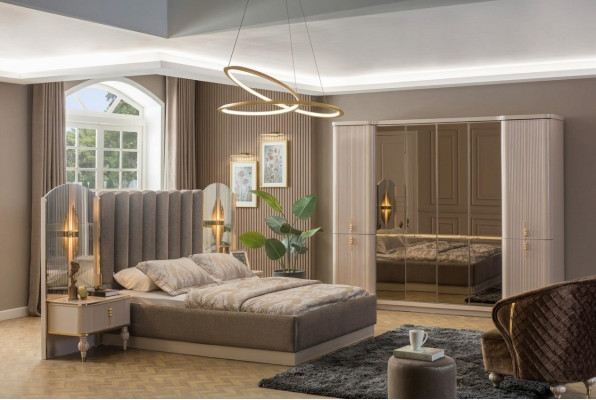Luxurious bedroom designer double bed wardrobe bedside tables