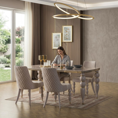 Dark Beige Dining Group Designer Wood Dining Table x6 Chairs 7-Piece Luxury Set