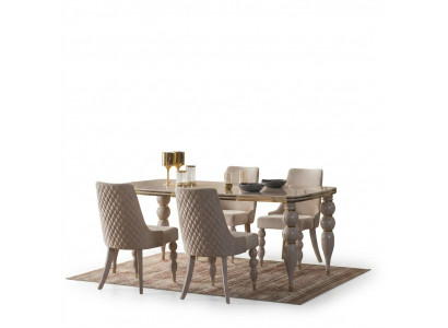 Dark Beige Dining Group Designer Wood Dining Table x6 Chairs 7-Piece Luxury Set